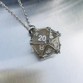 Creative D20 dice necklace with translucent grey glitter pendant and silver stainless chain - Silver Cage with Grey Dice