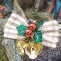 Linen Christmas bow with green holly leaves, red berries and golden bells decoration - Bow with Two Bells