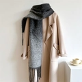 Thick gradient dark grey winter scarf with fringe draped over a beige coat - 220x42cm (Including Tassels) / Grey Black (WT102-3)
