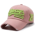 Pink vintage washed denim baseball cap with green embroidery and distressed brim detail - Adjustable / Pink