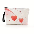 Cream canvas makeup bag with pink heart patterns and a black wrist strap - Style 4