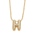 Gold plated necklace with a dazzling rhinestone paved letter H pendant on white background - Letter H