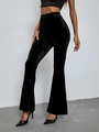 Detailed shot of high-waisted black velvet flare pants with elegant glossy texture - XS / Black