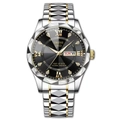 Luminous waterproof men's quartz watch with date-day display and silver-gold steel band - Polygon Two-tone Strap (Silver Ring) - Black Face