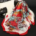 Floral satin square scarf with bright red borders and multi-colored pattern - Flower Bloom Red