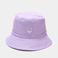 Détail d'un bob en coton lilas avec broderie smiley blanche et bordure à coutures multiples - M (56-58cm) / Mauve Clair