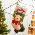Green floral Christmas stocking with plush elk decor and Holly embroidery for gifts - Suspenders Reindeer Stocking