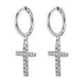 Sterling silver hoop earrings featuring hanging cross charms inlaid with clear zircons - Pave Zirconia Cross Hoops (2111) - Pair / Platinum Silver (#35)