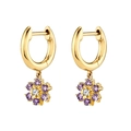 Close-up of golden flower drop earrings with purple and white zircon stone inlay - Purple