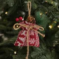 Petit sac cadeau de Noël en toile rouge avec motif cerf et décorations de pomme de pin - Imprimé Élan et Flocon de Neige Rouge et Blanc