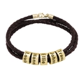 Bracelet pour homme en cuir tressé marron foncé avec cinq perles gravées dorées et fermoir - 1 Perle Dorée / Perle Dorée et Corde Brune