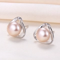 Elegant geometric triangle S925 silver stud earrings featuring natural pink freshwater pearls - 925 Silver / Pink Pearl (Platinum Color)