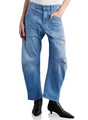 Détail d'un jean cargo bleu délavé vintage avec de grandes poches et coutures aux genoux - S / Bleu Moyen & Blanc