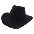 Detailed top view of black woven jazz fedora with curved brim and dimpled crown - Black