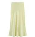 Detailed view of the smooth light yellow satin fabric texture of this midi skirt - Light Yellow