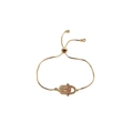 Adjustable golden Hamsa Hand bracelet with colorful cubic zirconia stones on white background - Golden Box Chain