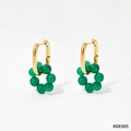 Golden earrings with a circular arrangement of green beads and oval metal buckle - 14K Gold Plated Agate Stone (KDE605)