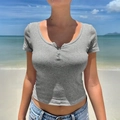 Slim fit grey rib-knit short sleeve T-shirt with U-neck buttons for women - Dark Gray