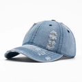 Distressed light blue denim baseball cap with ripped street style aesthetic - Adjustable / Light Blue
