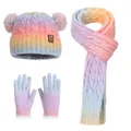 Conjunto de punto arcoíris de invierno con gorro de pompones, bufanda y guantes táctiles - Arcoíris (Set de 3 piezas)