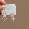 Irregular opal moonlight stone earrings with shimmering crystal bowknot detail - E3971 Silver Iridescent Gemstone Bow Drop Earrings