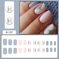 Long square press-on nails with light grey lattice patterns and rhinestone accents - Grey Blue Light Pink Color Block Argyle Style (D-137) / 24 Pcs/Set