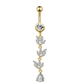 Detailed view of gold belly ring with sparkling zircon leaf and teardrop charms - 1967 Leaf Gold
