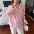 Elegant long-sleeved pink button-down shirt for women with collar and chest pocket - S / Pink