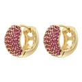 Boucles d'oreilles créoles dorées avec cristaux roses et motifs de cœurs évidés - Base Dorée Zircon Rose Rouge 1 Paire