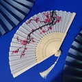 Chinese bamboo folding fan with white silk surface and red plum blossom print with tassel - White Red Plum