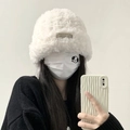 Plush white faux fur knitted hat for women, thick and warm winter fuzzy beanie - Metal Label Style / White
