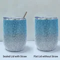 Blue rhinestone 12oz stainless steel wine tumbler with straw and flat lid variants - Gradient Blue