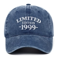 Macro view showing the white embroidery details on a vintage washed blue cotton cap - Adjustable / Navy Blue