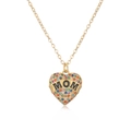 Gold plated heart pendant necklace with colorful zircon and MOM banner on white background - Black Banner MOM Style