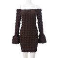Detail of coffee brown bubble textured fabric with off-shoulder square neck design - S / Brown