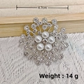 Silver circular brooch with sparkling rhinestones and white pearls, 4.7cm diameter - Silver Five Pearls Star