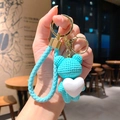 Handmade light blue woven texture bear keychain featuring a cute white heart charm - Bear (B255-6) / Single Piece / Green