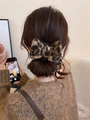 Faux fur leopard print bow hair clip on a low bun hairstyle for autumn fashion - Plush Leopard Bow Style (17# Hair Claw-Coffee-Large)