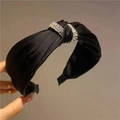 Elegant black satin knotted headband featuring double rows of sparkling white rhinestones - S3 Black Satin Full Rhinestone Ring Knot Style