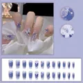Detail of purple gradient press-on nails with 3D butterflies, pearls, and embossed flowers - Purple Blue Gradient 3D Butterfly 3D Floral Style (D483)