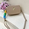 Beige PU leather crossbody bag with colorful acrylic chain and gold P logo detail - Khaki