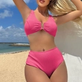 Two-piece high waisted rose pink bikini with ribbed texture and gold V-metal buckle - S / Rose Red
