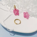 Detailed view of pink resin flower pendants with gold 18K plated hoop earrings - Flower Style (YKL-DR051) / Rose Red
