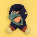 Kids navy blue dinosaur knitted scarf with cartoon plush decor and yellow pom-pom - Navy-Scarf