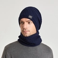 Winter navy blue fleece-lined knit beanie and scarf set with waffle texture and sport patch - Navy Blue