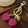 Pink rhinestone cherry keychain with golden metal clasp and key ring for bags - Gold Rose Red Rhinestone Cherry