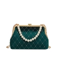 Dark green velvet evening clutch bag with quilted rhinestones and pearl handle strap - Green