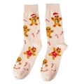 Beige Christmas mid-calf socks with cute gingerbread man and candy cane patterns - Khaki Gingerbread Man
