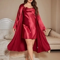 Luxurious two-piece dark red satin pajama set featuring a silky robe and cowl neck nightgown - 1XL / Red
