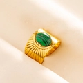 Detail of vintage gold-plated wide ring with malachite stone and sunburst engraving - Gold-Green
